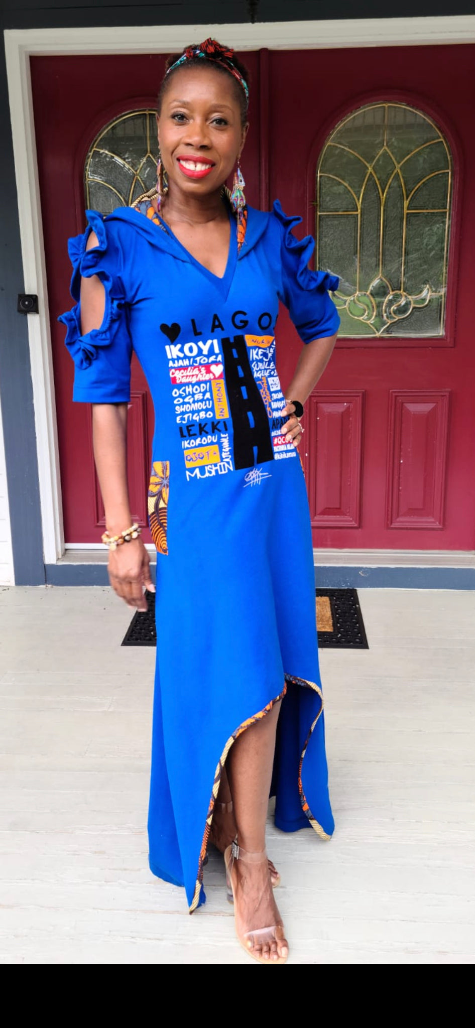 ROMAN BLEU HI LOW VELOURS APPLIQUE LUV LAGOS HOODED MAXI