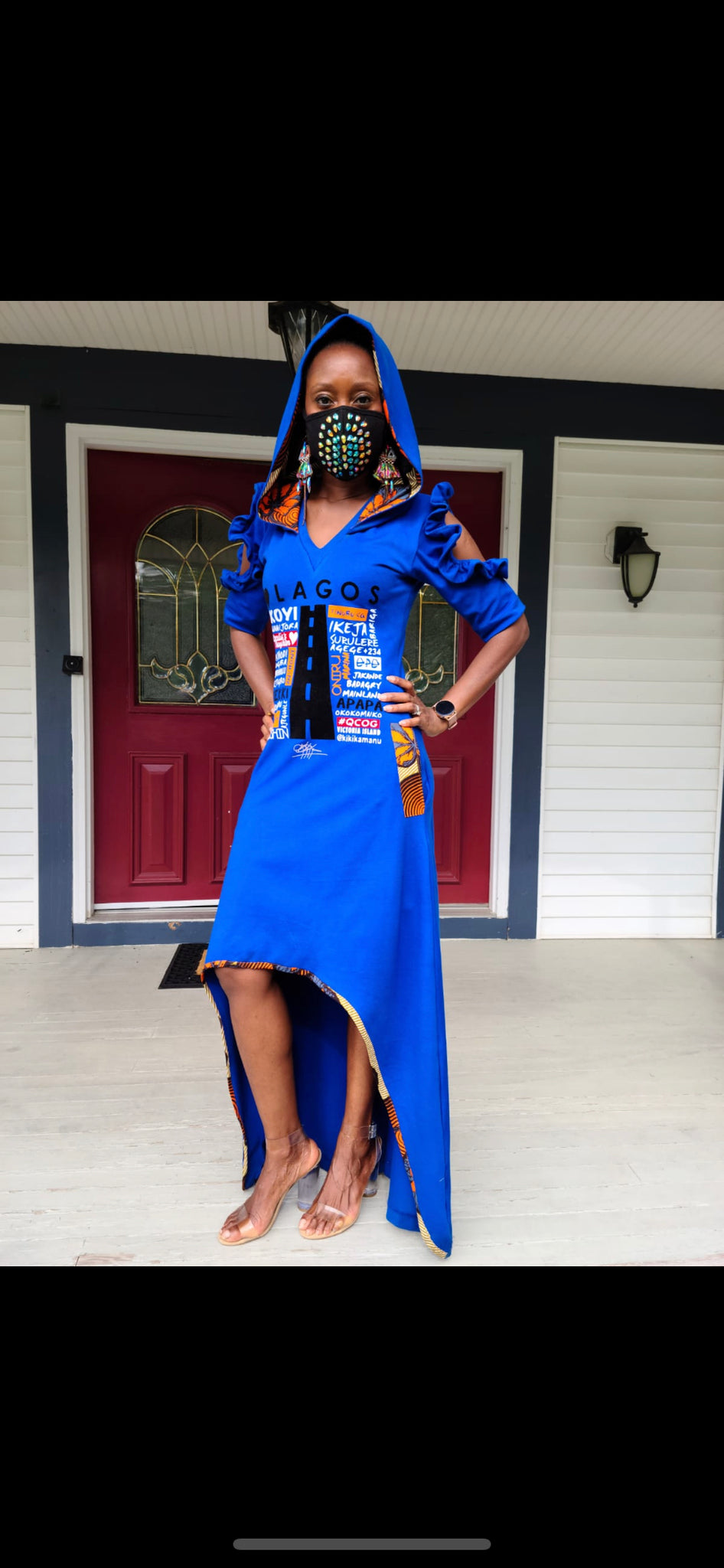 ROMAN BLEU HI LOW VELOURS APPLIQUE LUV LAGOS HOODED MAXI