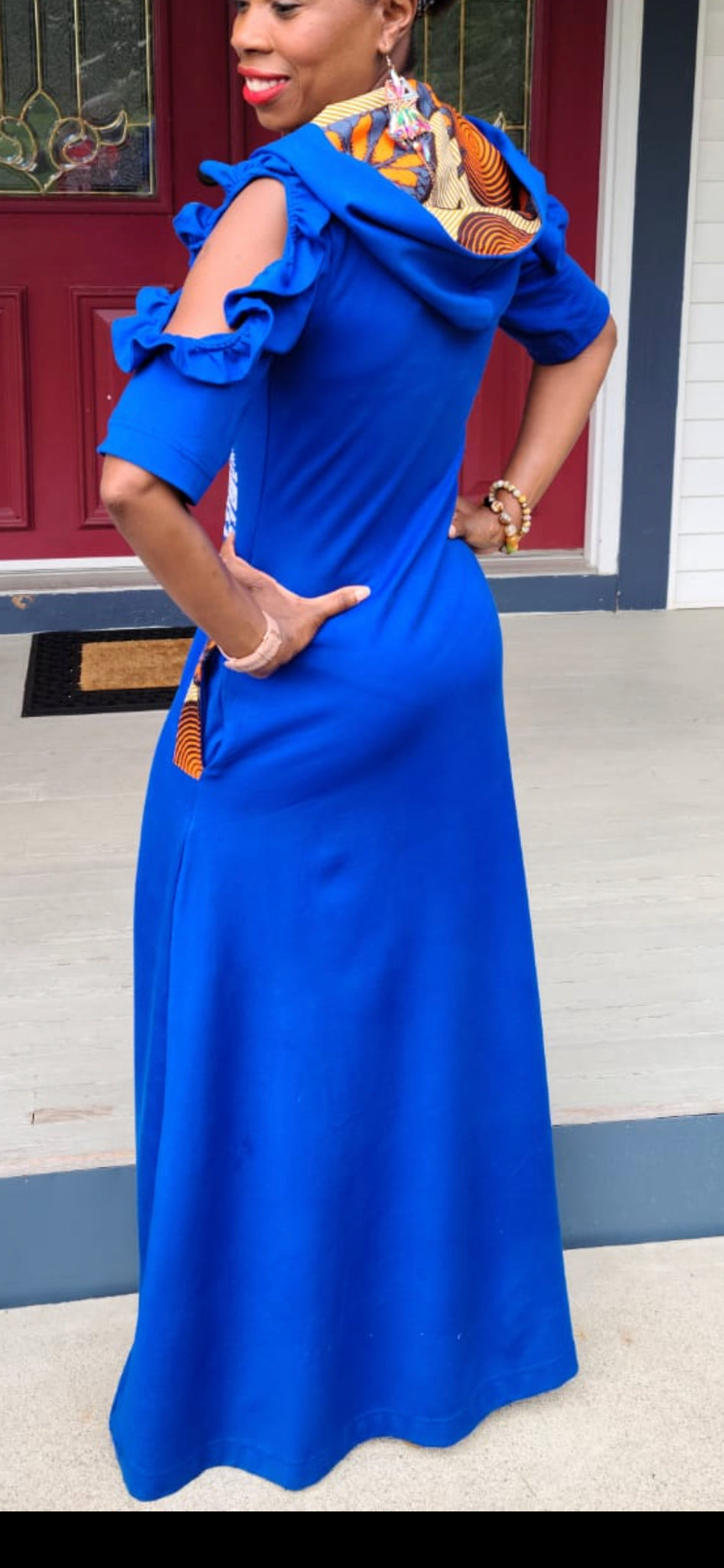 ROMAN BLEU HI LOW VELOURS APPLIQUE LUV LAGOS HOODED MAXI