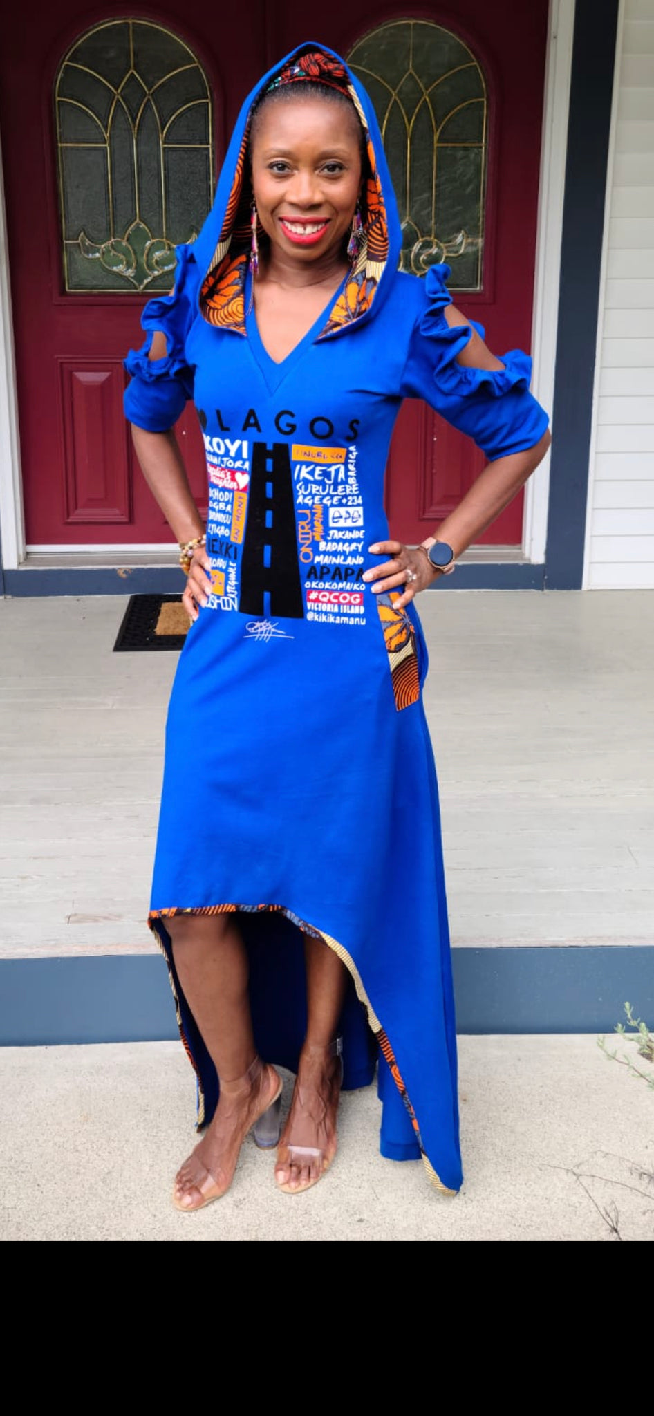 ROMAN BLEU HI LOW VELOURS APPLIQUE LUV LAGOS HOODED MAXI