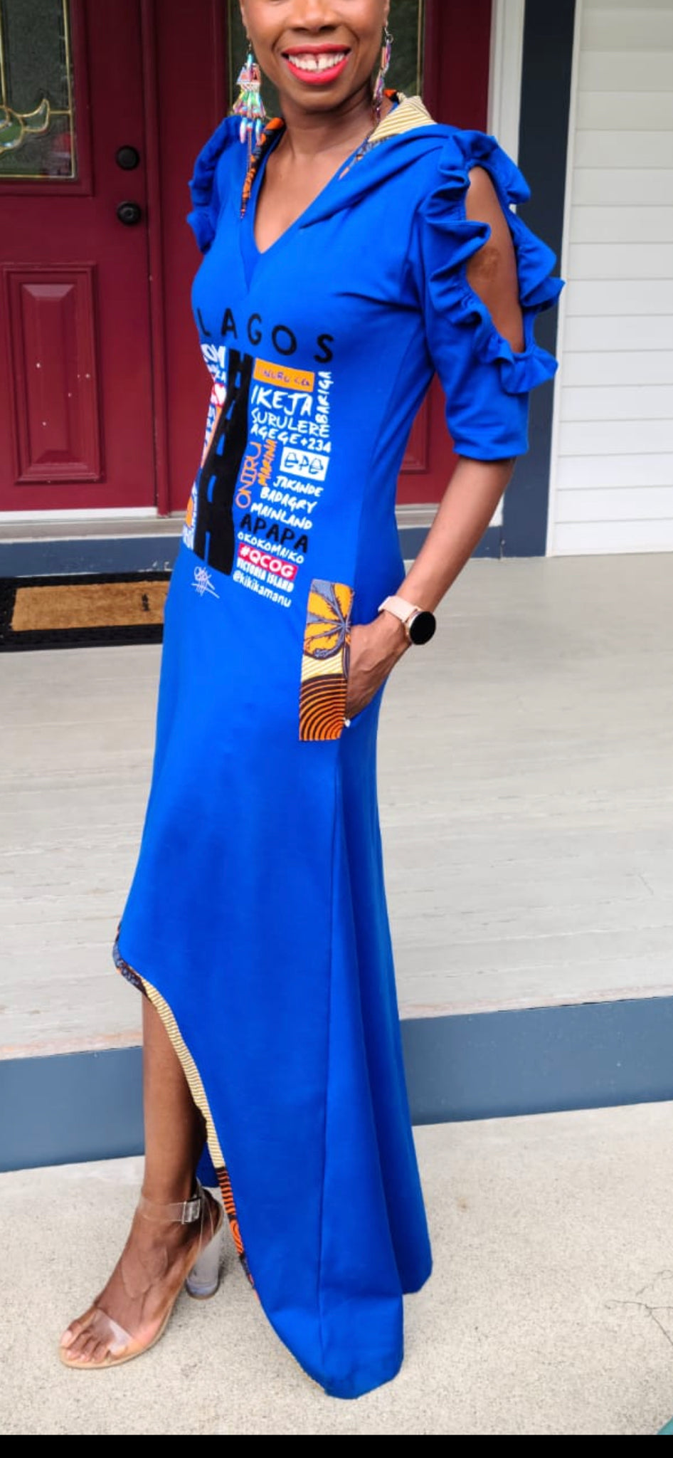 ROMAN BLEU HI LOW VELOURS APPLIQUE LUV LAGOS HOODED MAXI