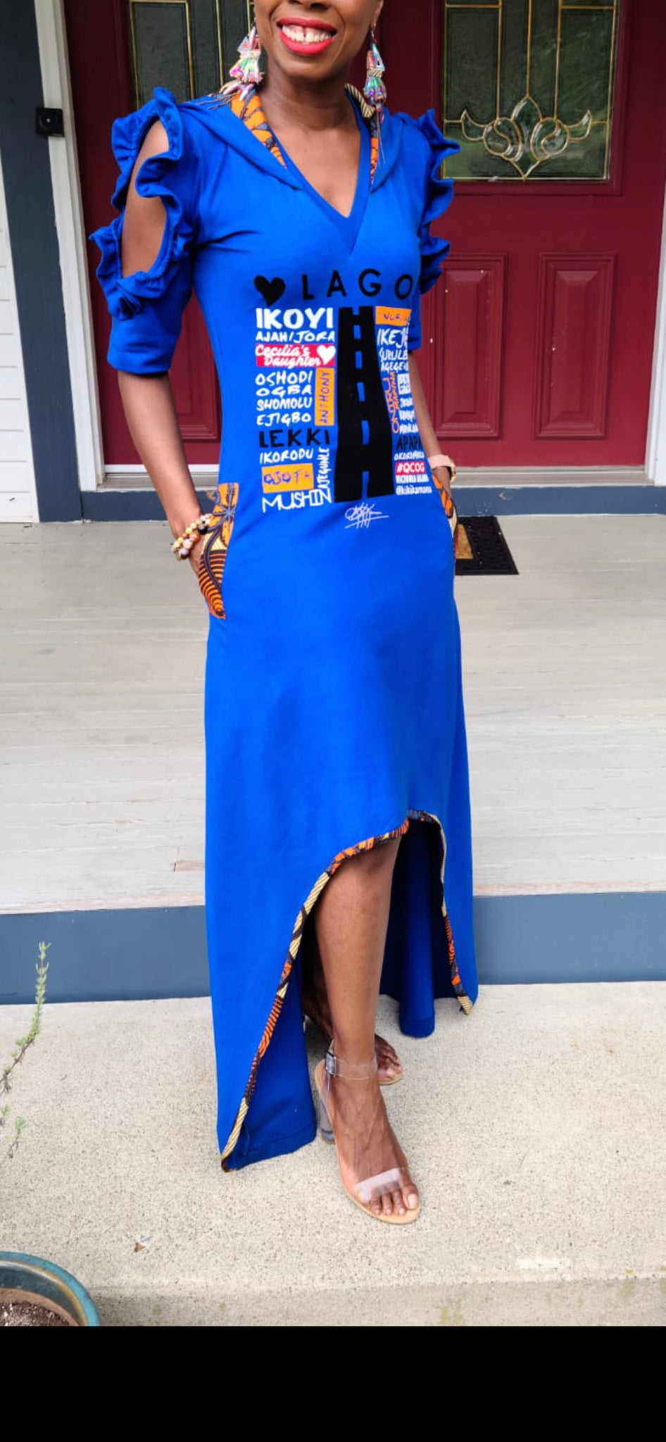 ROMAN BLEU HI LOW VELOURS APPLIQUE LUV LAGOS HOODED MAXI