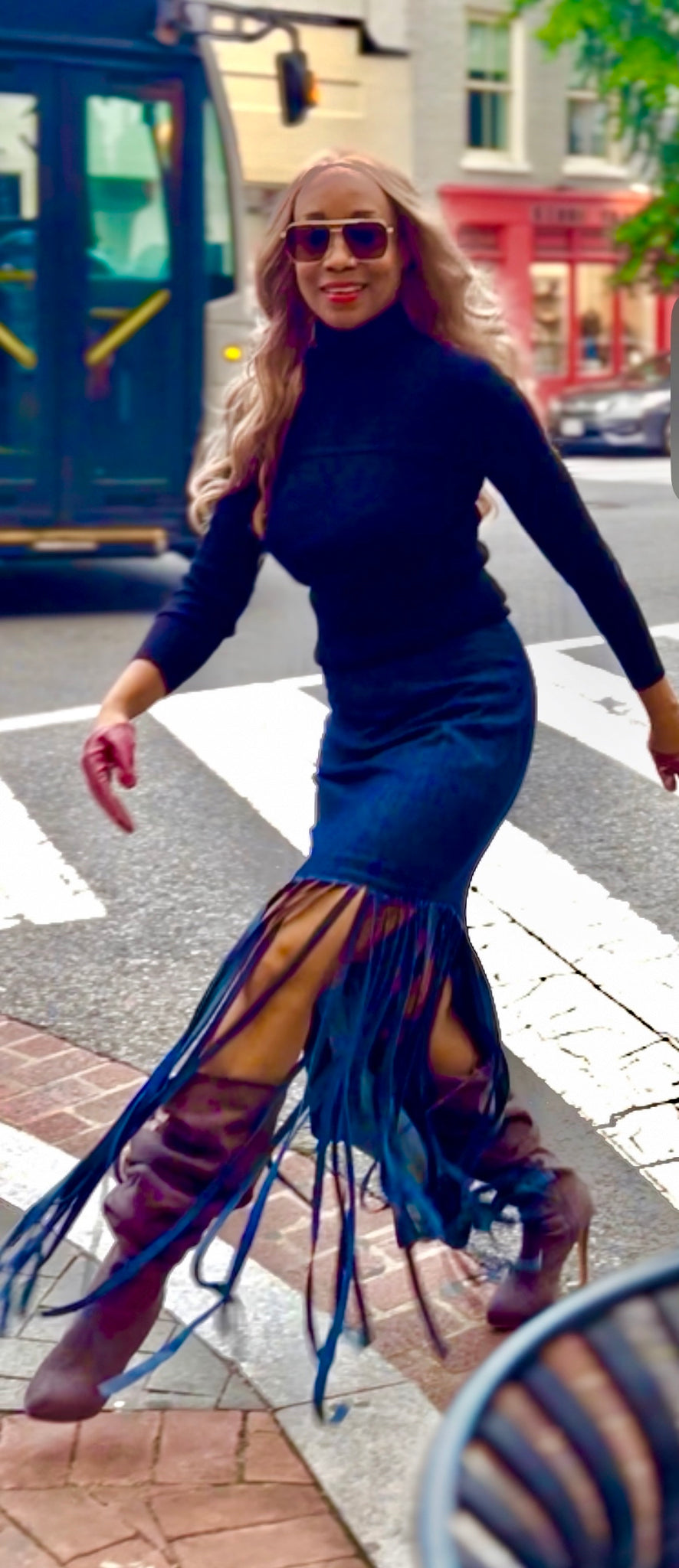 The Chalya Bleu Maxi Skirt With Calfskin Detail