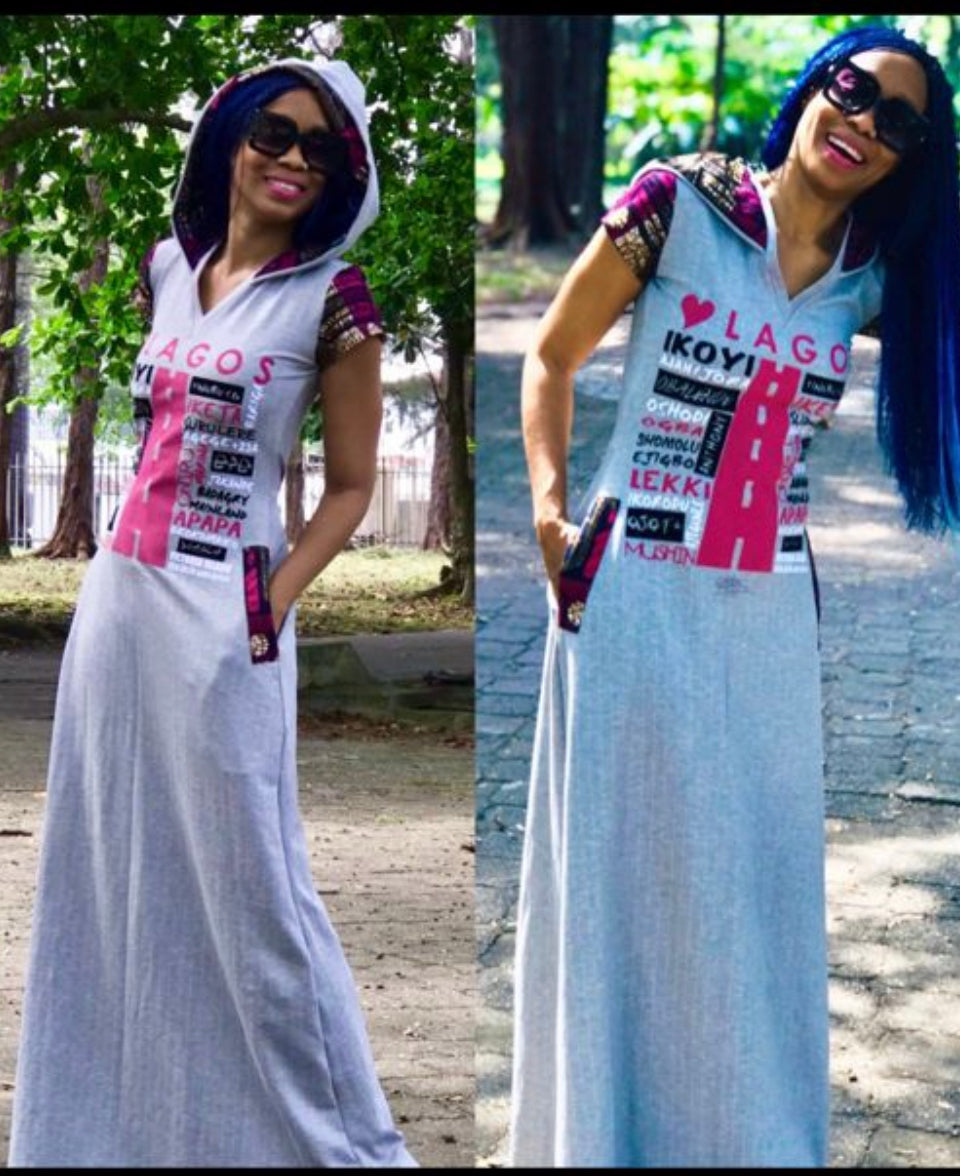 Maxi capuche Grey Love Lagos, détails roses