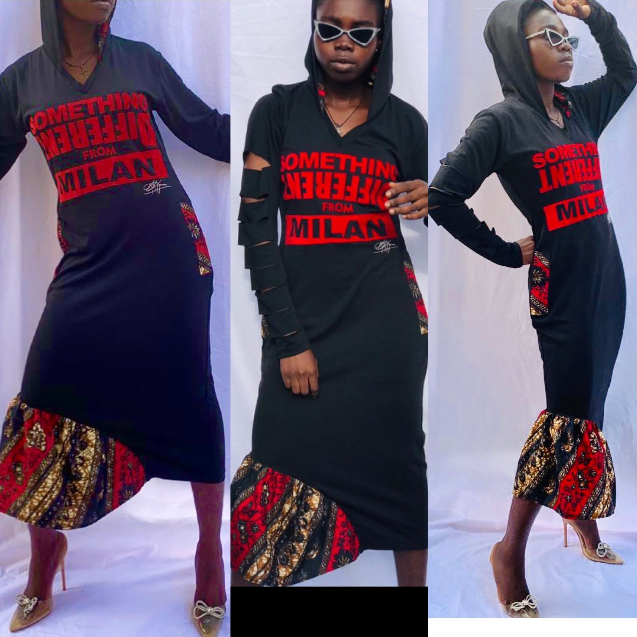 Robe milanaise à manches fendues multiples et volants latéraux