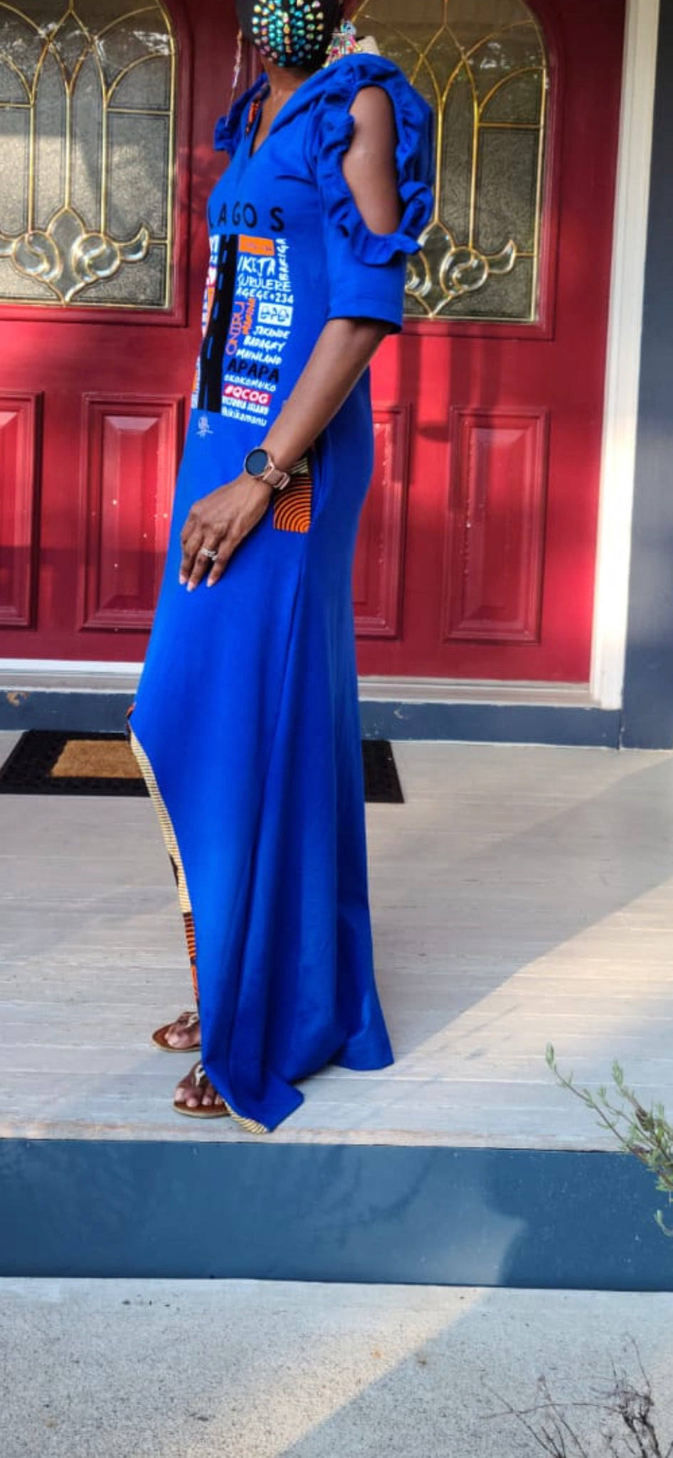 ROMAN BLEU HI LOW VELOURS APPLIQUE LUV LAGOS HOODED MAXI