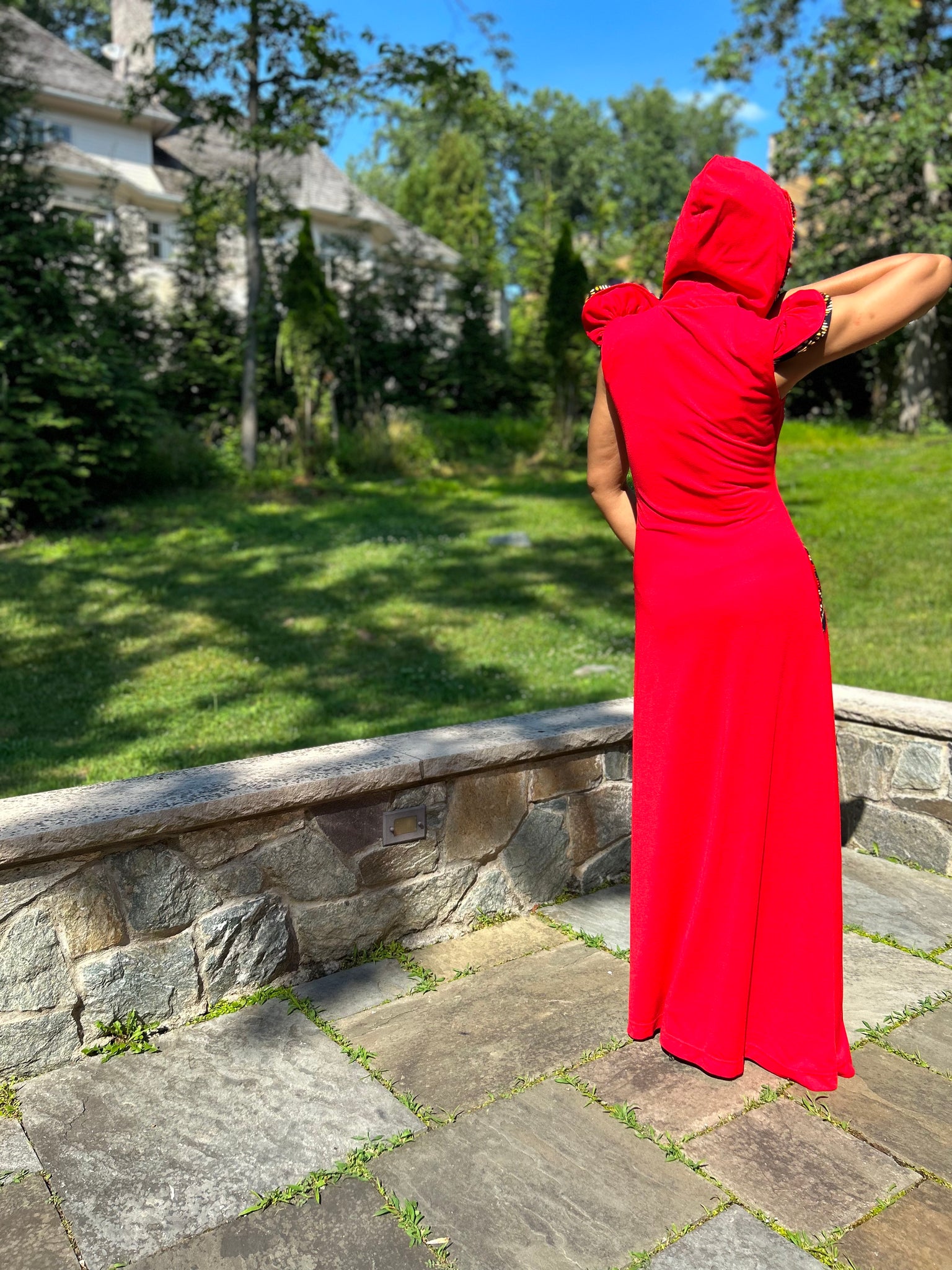 RED SOMETHING DIFFERENT FROM ACCRA MAXI HOODED DRESS, BLACK GLITTER& RUFFLED SLEEVES DETAIL
