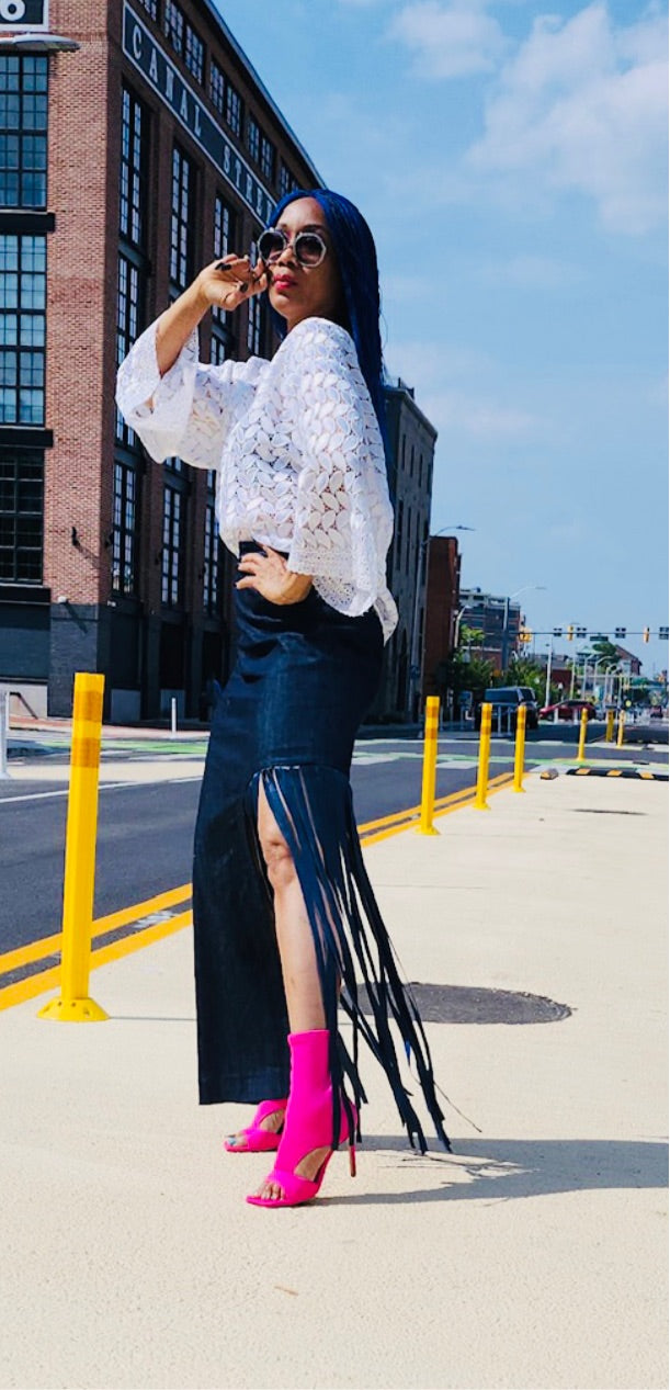 The Chalya Bleu Maxi Skirt With Calfskin Detail