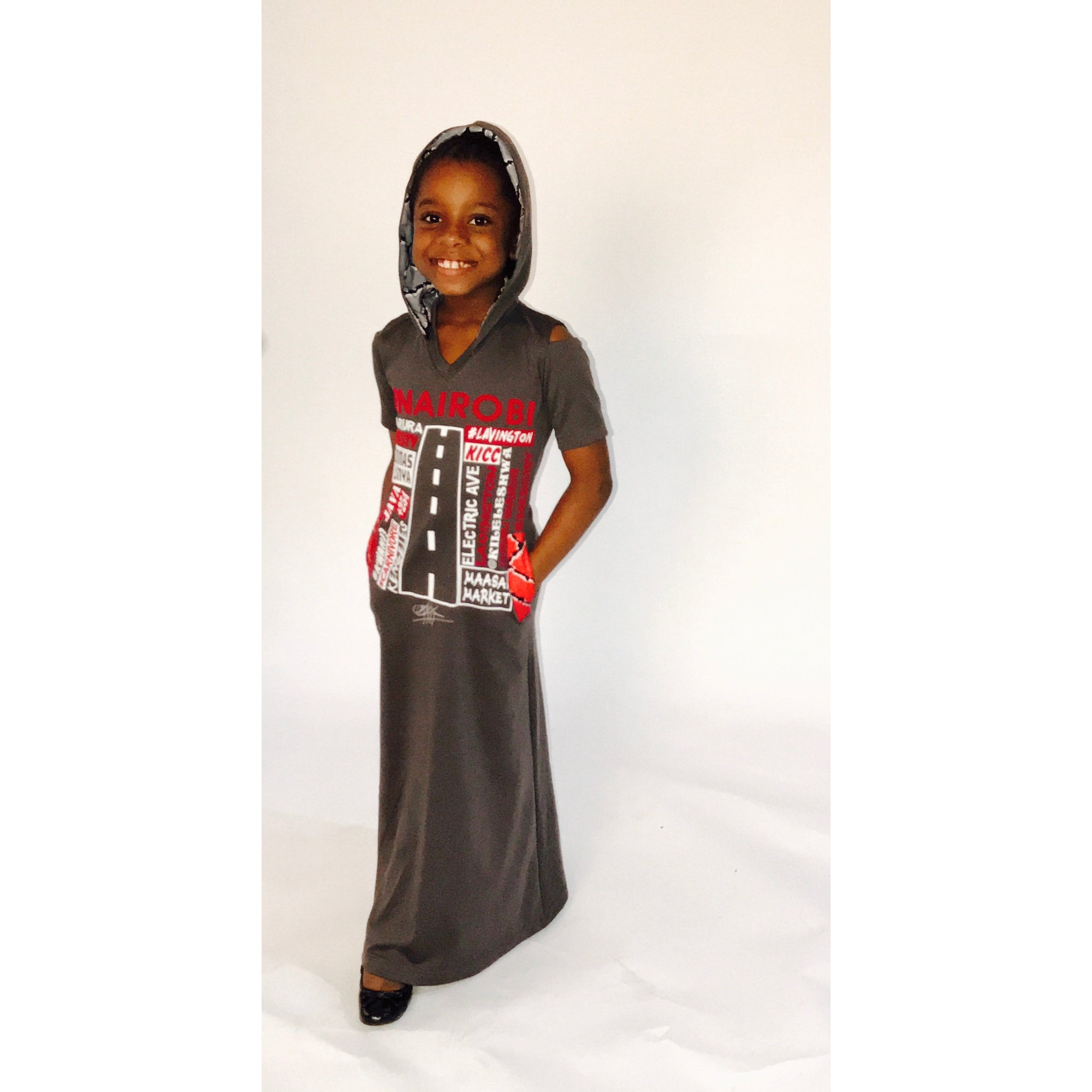 ENFANTS : ROBE LONGUE À CAPUCHE GRIS LUV NAIROBI ANKARA