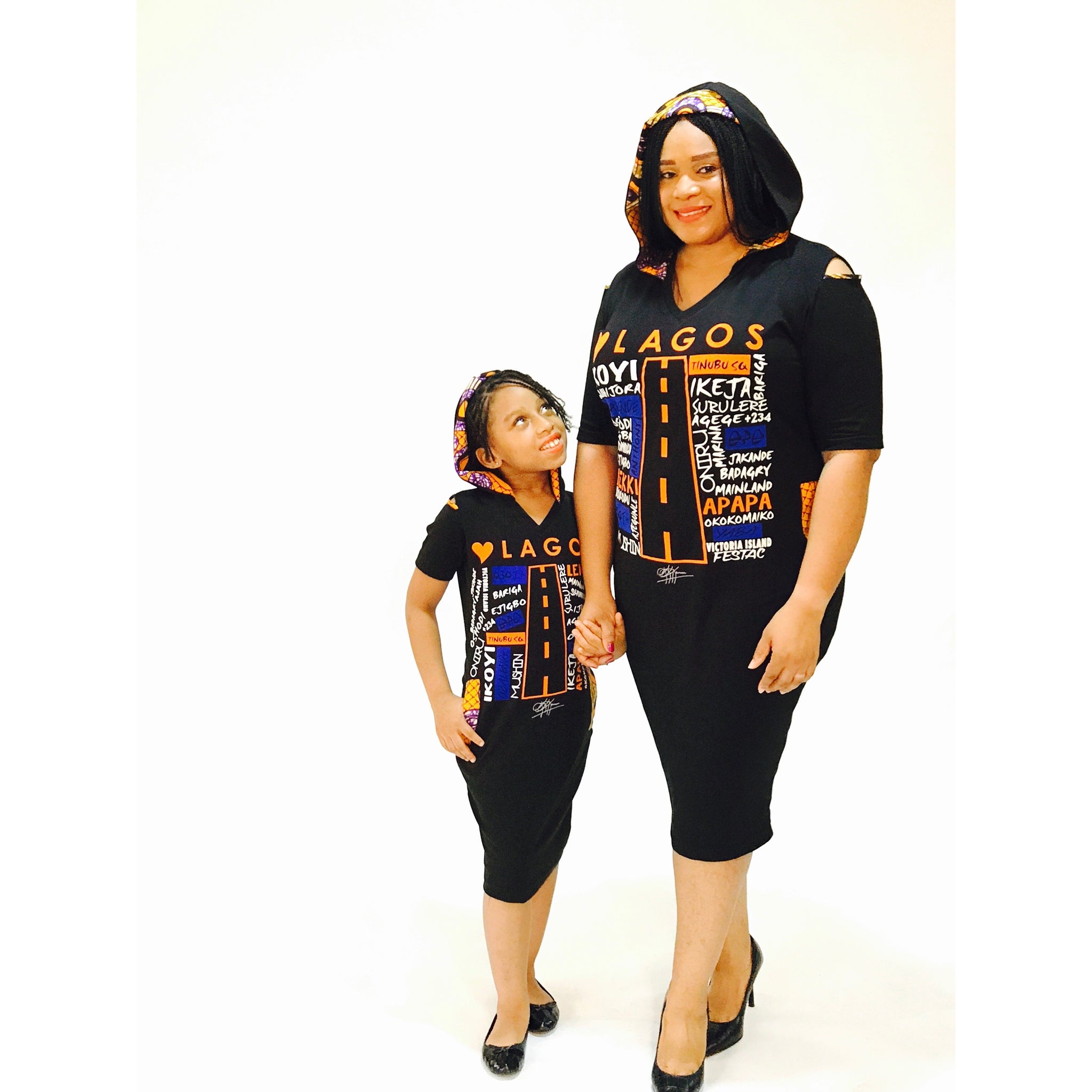 KIDS: LUV LAGOS ANKARA BLACK HOODED MIDI DRESS