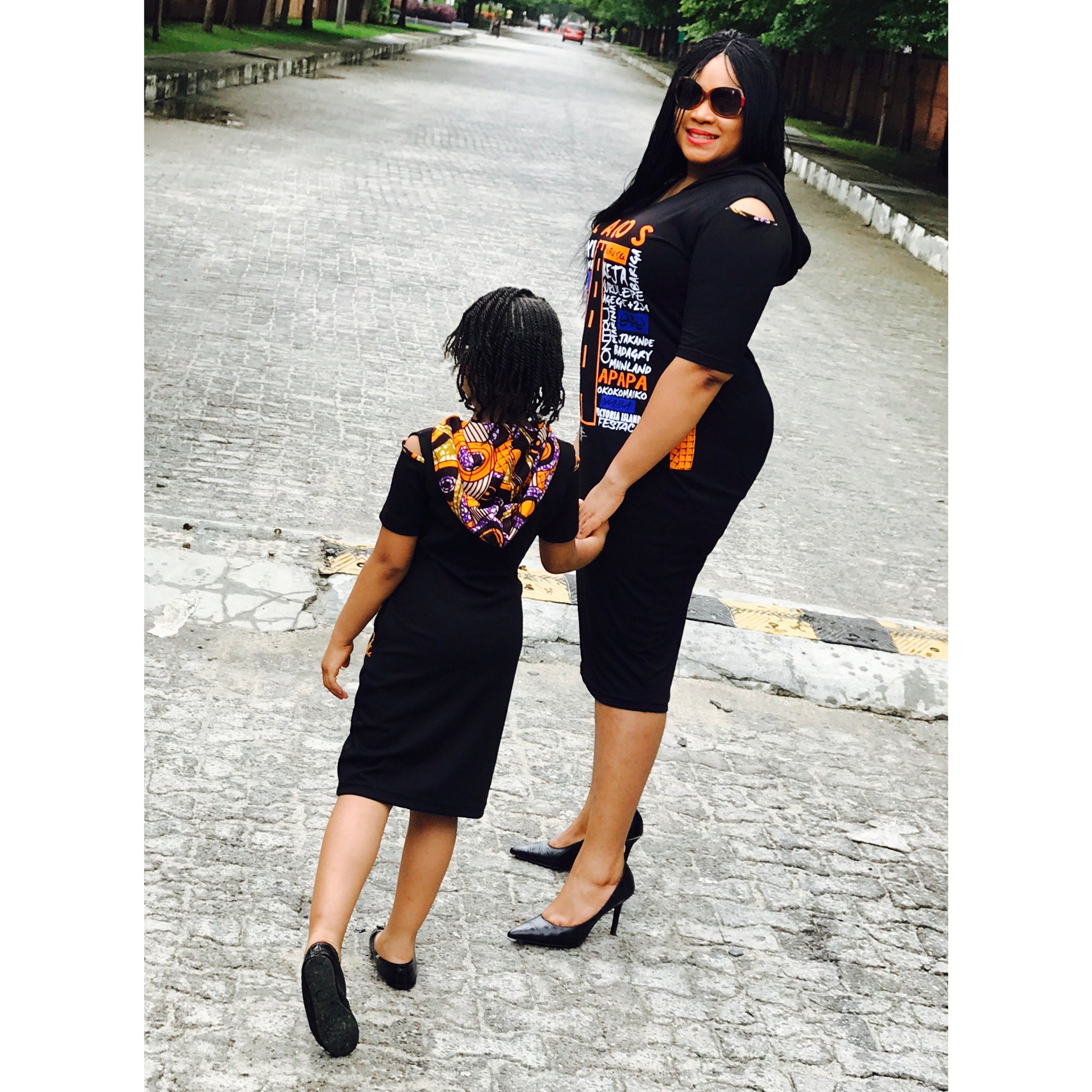 KIDS: LUV LAGOS ANKARA BLACK HOODED MIDI DRESS
