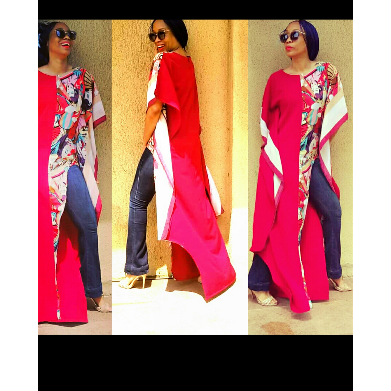 Caftan Hi Low en rouge/imprimé visages