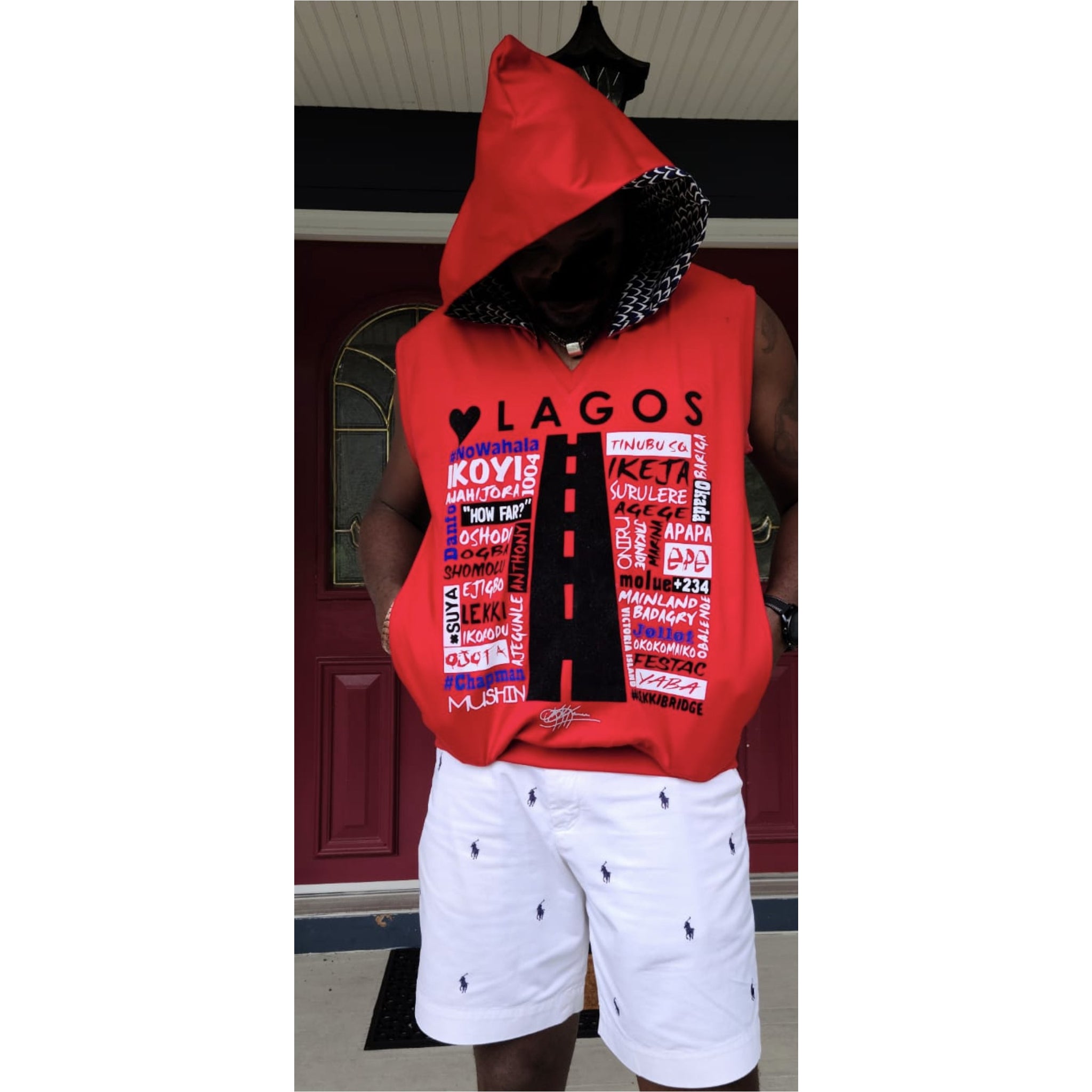 Sweat-shirt unisexe sans manches Love Lagos avec ou sans capuche doublée en Ankara