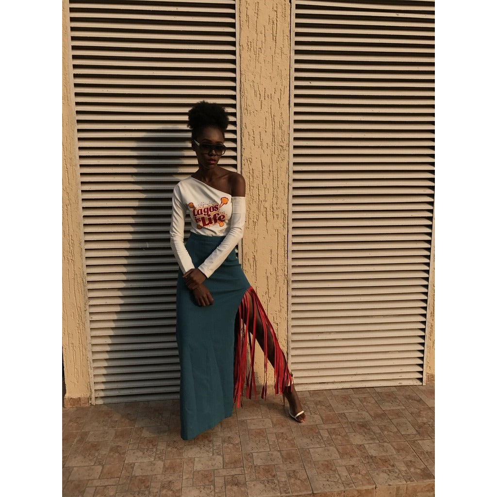 Le Chalya - Maxi bleu clair avec détails en cuir de veau rouge