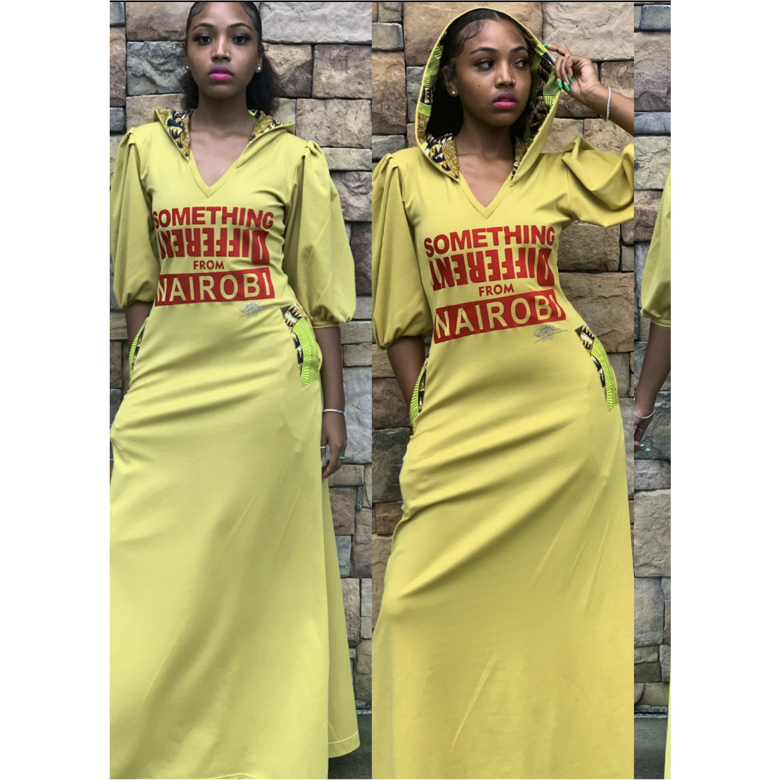 Maxi robe moutarde personnalisable « Quelque chose de DIFFÉRENT de NAIROBI », manches bouffantes, détails Ankara