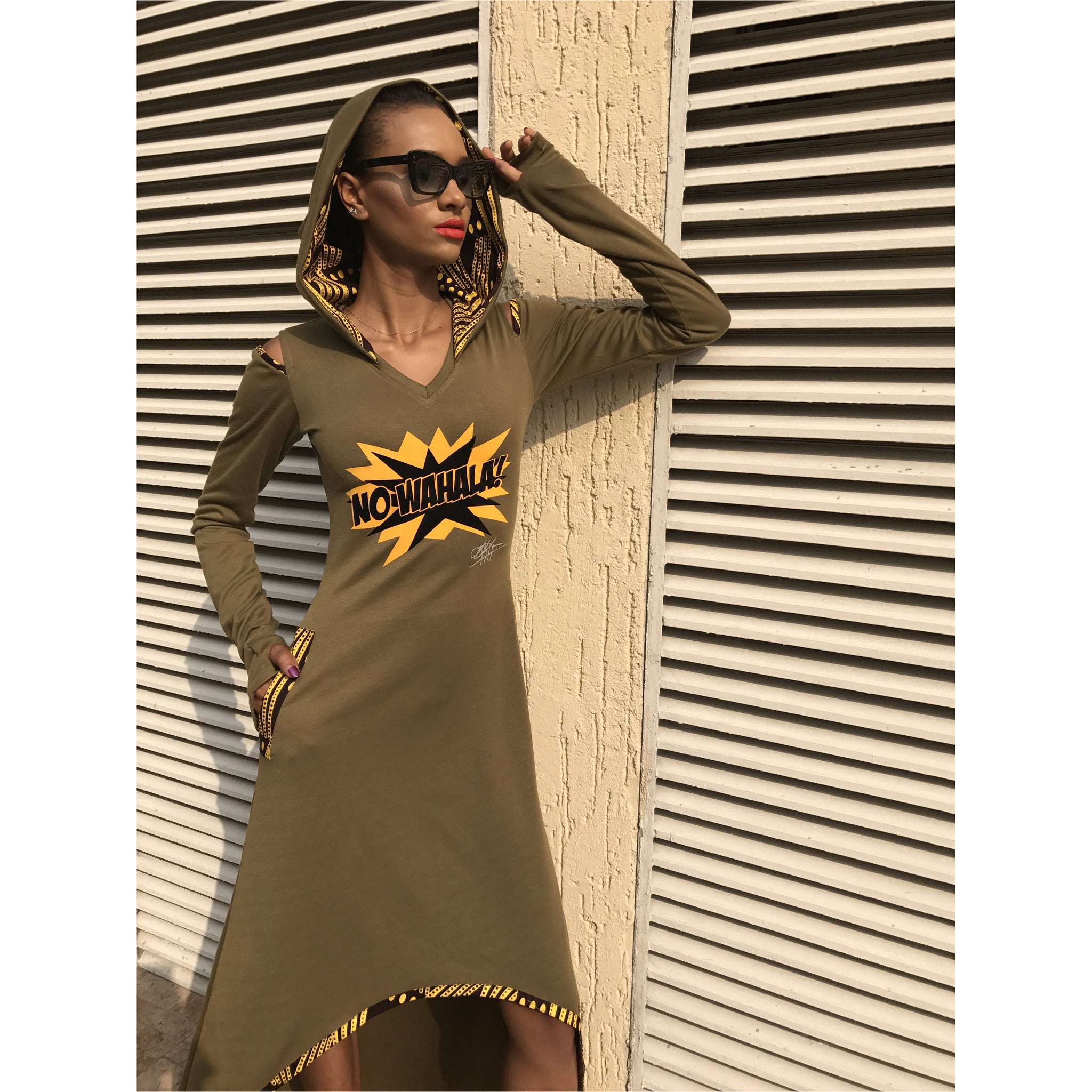 Robe à capuche Olive No Wahala, longueur haute, midi ou maxi