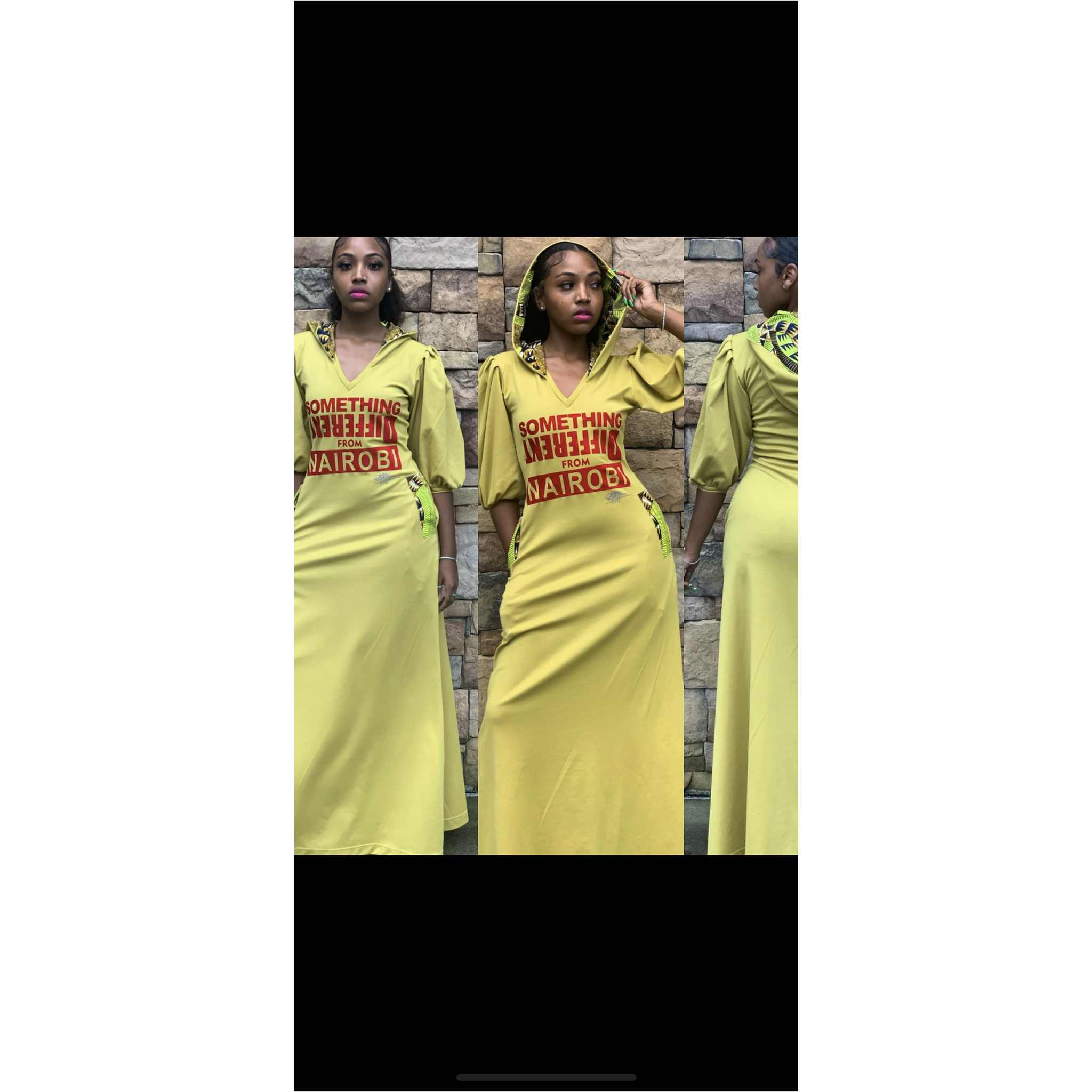Maxi robe moutarde personnalisable « Quelque chose de DIFFÉRENT de NAIROBI », manches bouffantes, détails Ankara