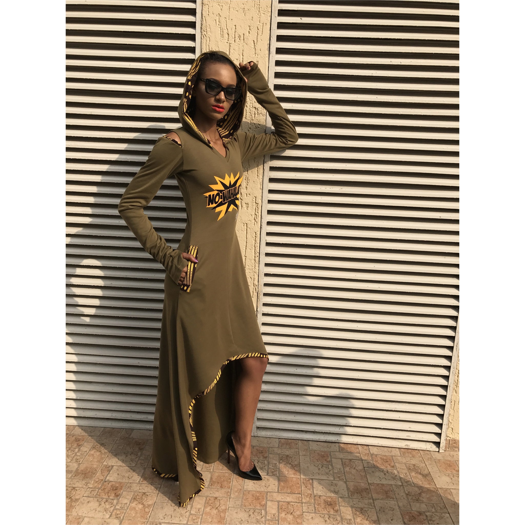 Robe à capuche Olive No Wahala, longueur haute, midi ou maxi