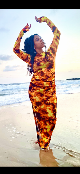 Sedi Mesh Dress in California Sunset Adire Print