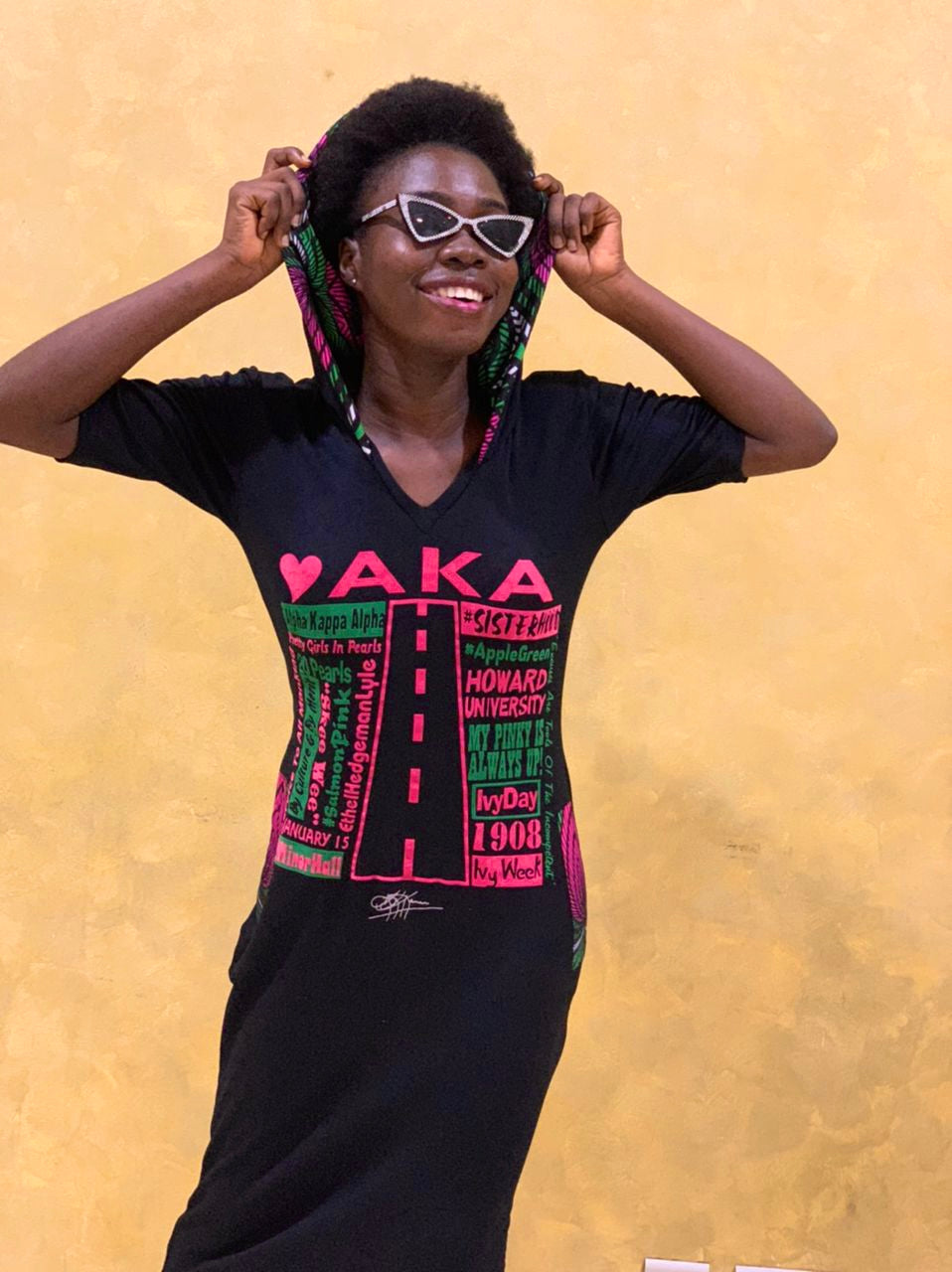 Alpha Kappa Alpha (AKA) MIDI HOODED DRESS, ANKARA DETAIL