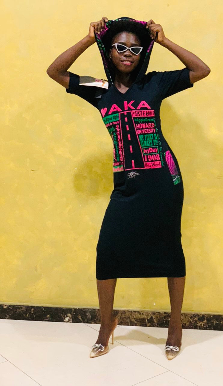 Alpha Kappa Alpha (AKA) MIDI HOODED DRESS, ANKARA DETAIL