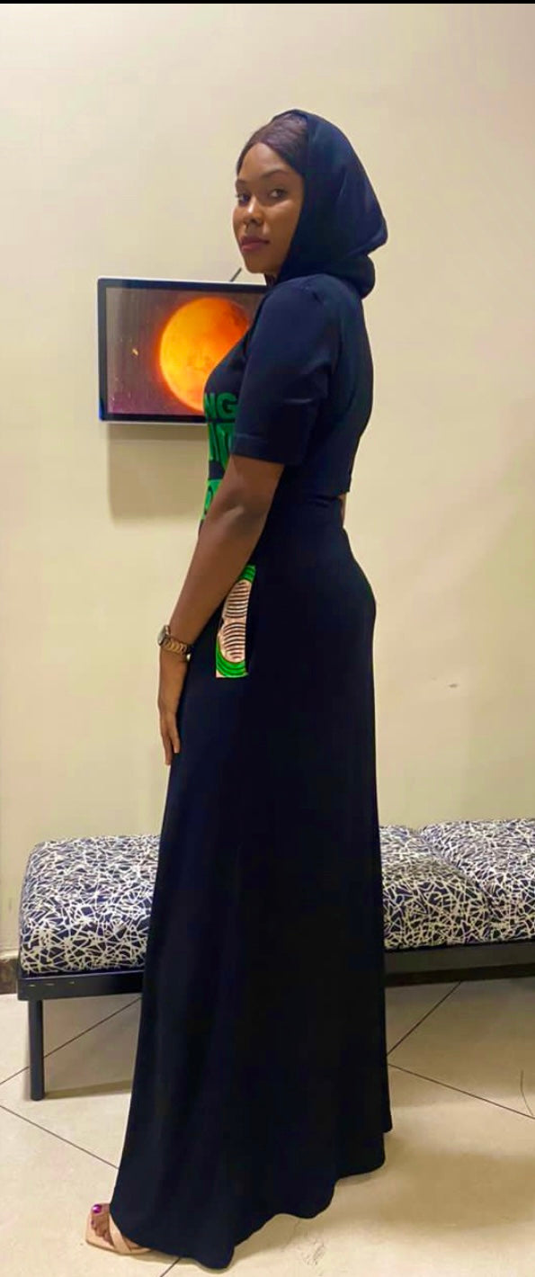 BLACK MAXI SOMETHING DIFFERENT FROM LAGOS HOODED w GREEN ANKARA DETAIL