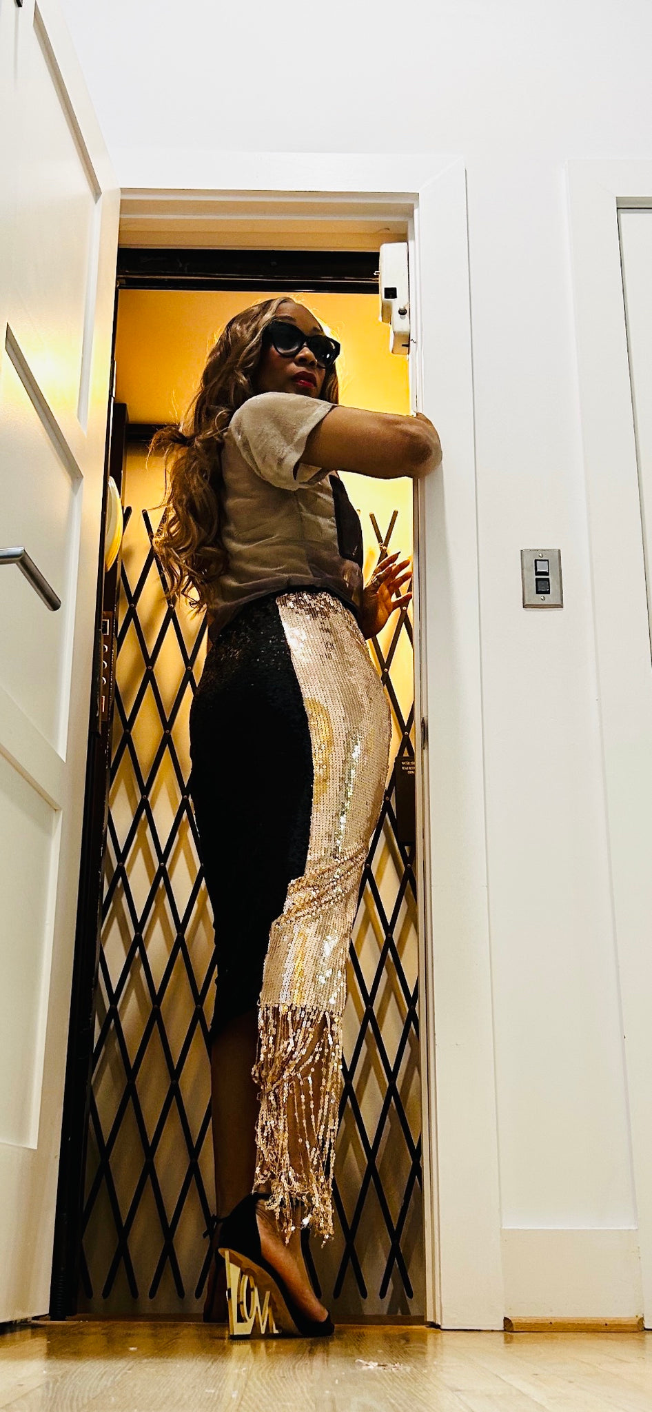 Nour Gold&Black Sequin Skirt with Fringe Detail