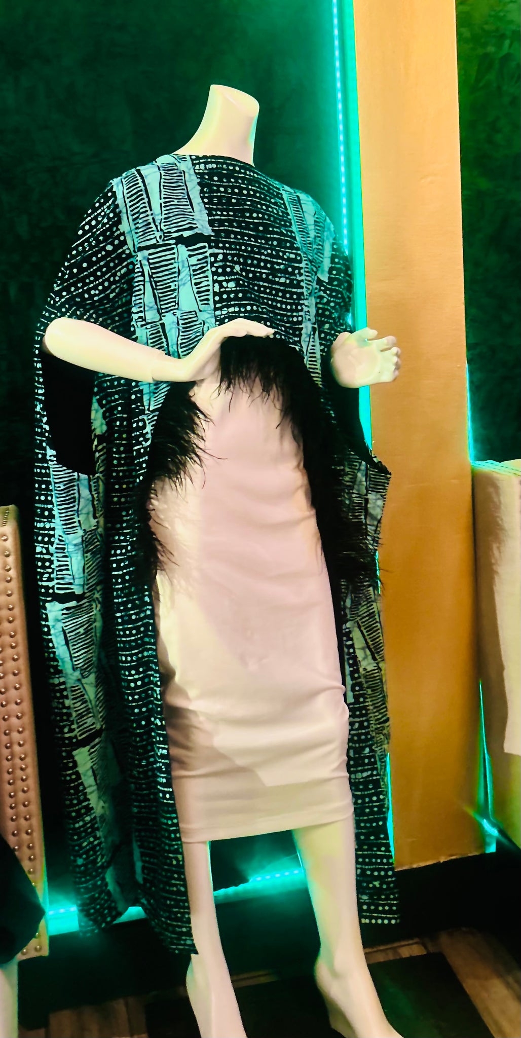 Amsterdam Cape with Ostrich Feather Detail, Adire Print.