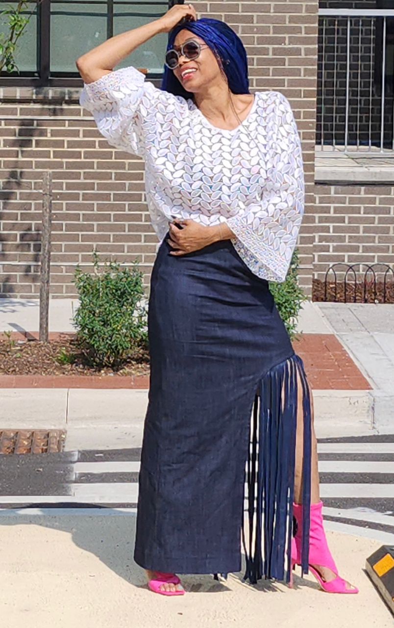 The Chalya Bleu Maxi Skirt With Calfskin Detail