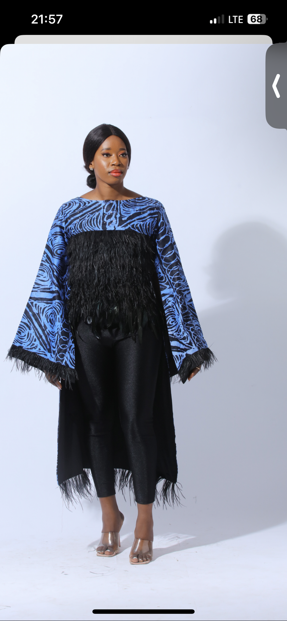 Blue Malaga Dual Slit  Sleeved Hand Beaded Adire Blouse  with Plumage-