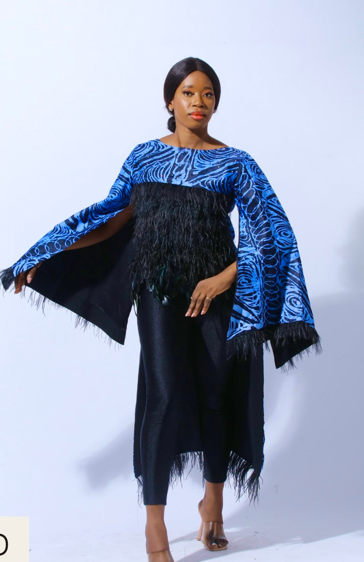 Blue Malaga Dual Slit  Sleeved Hand Beaded Adire Blouse  with Plumage-