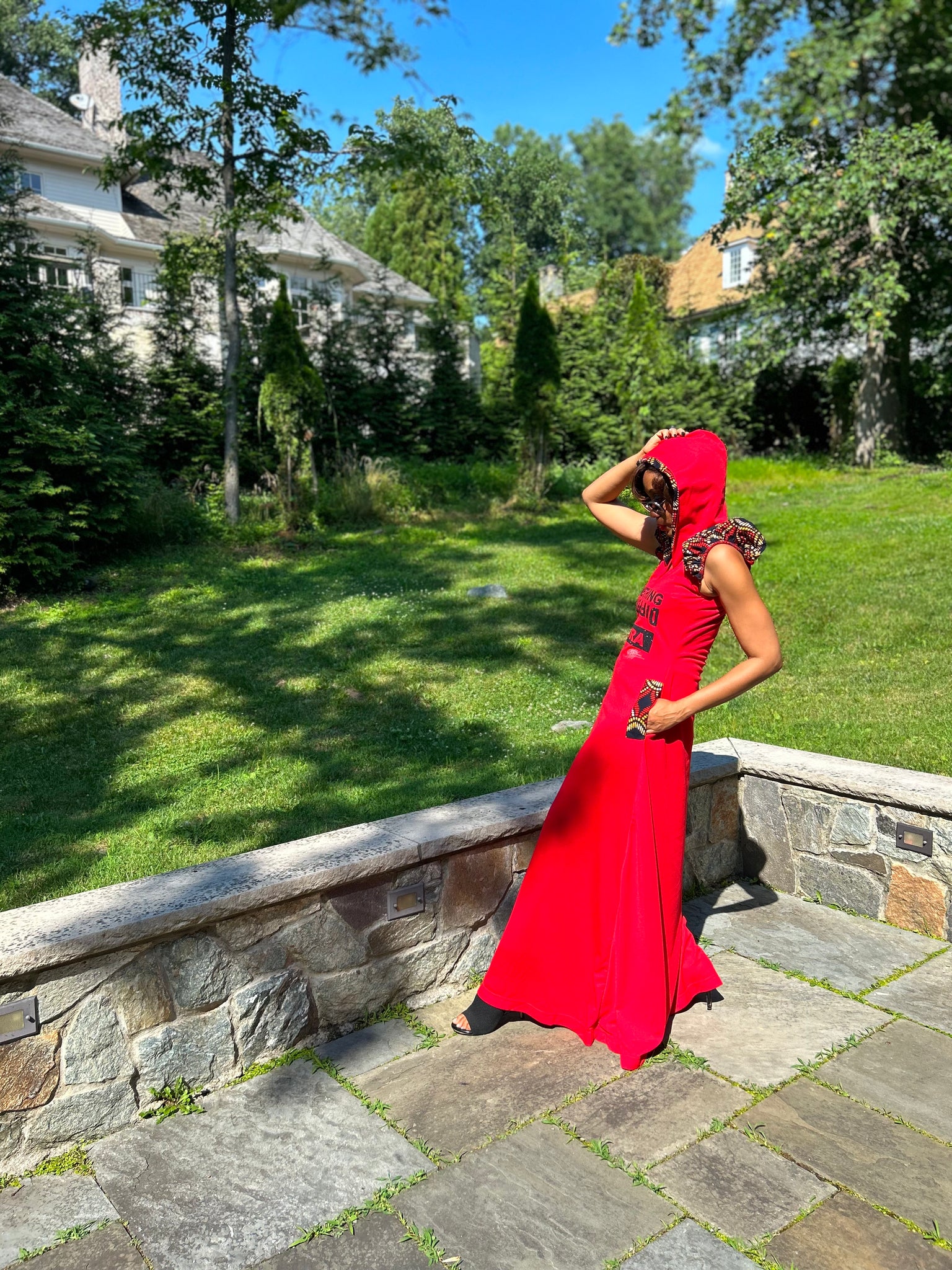 RED SOMETHING DIFFERENT FROM ACCRA MAXI HOODED DRESS, BLACK GLITTER& RUFFLED SLEEVES DETAIL