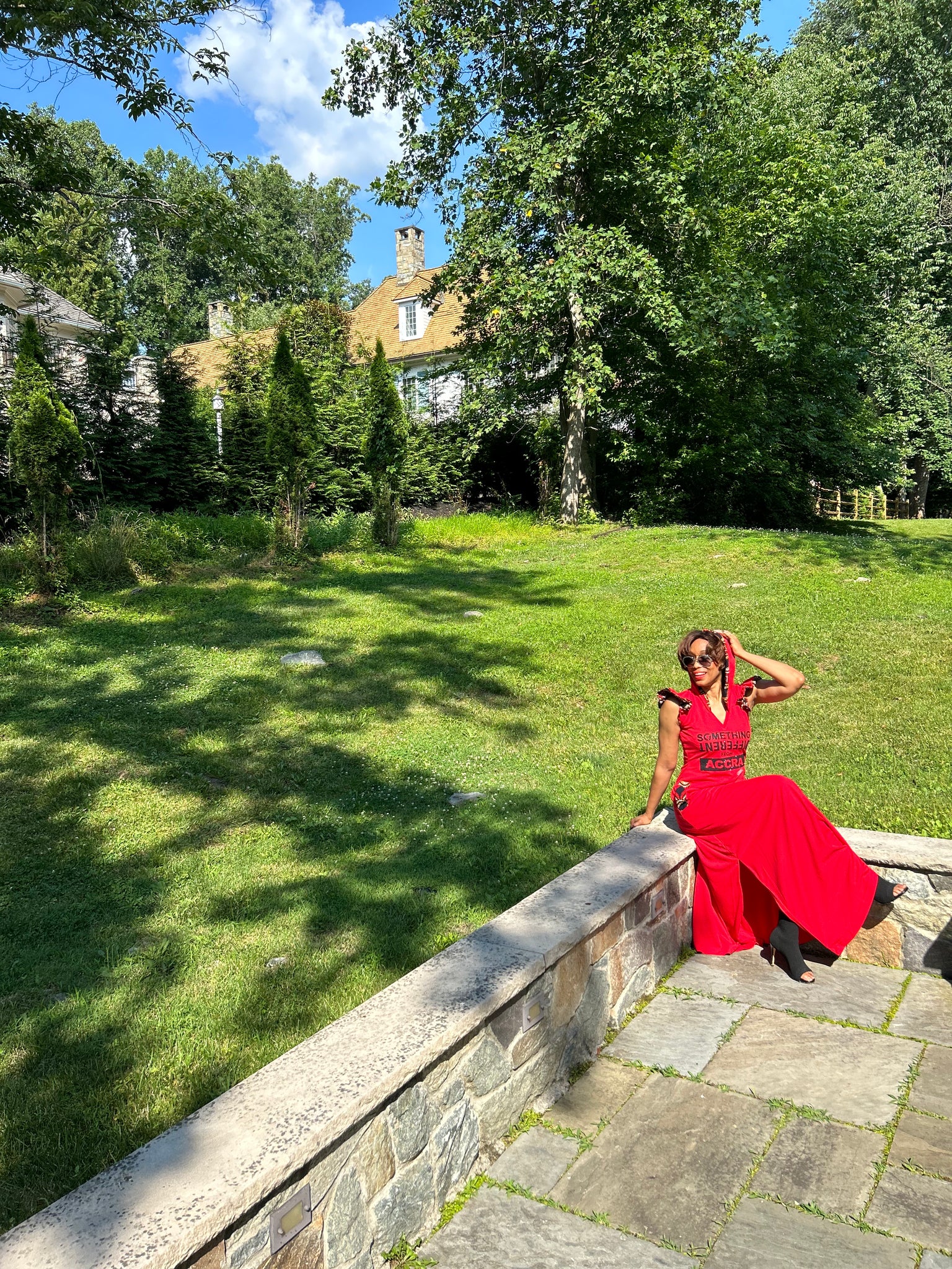 RED SOMETHING DIFFERENT FROM ACCRA MAXI HOODED DRESS, BLACK GLITTER& RUFFLED SLEEVES DETAIL