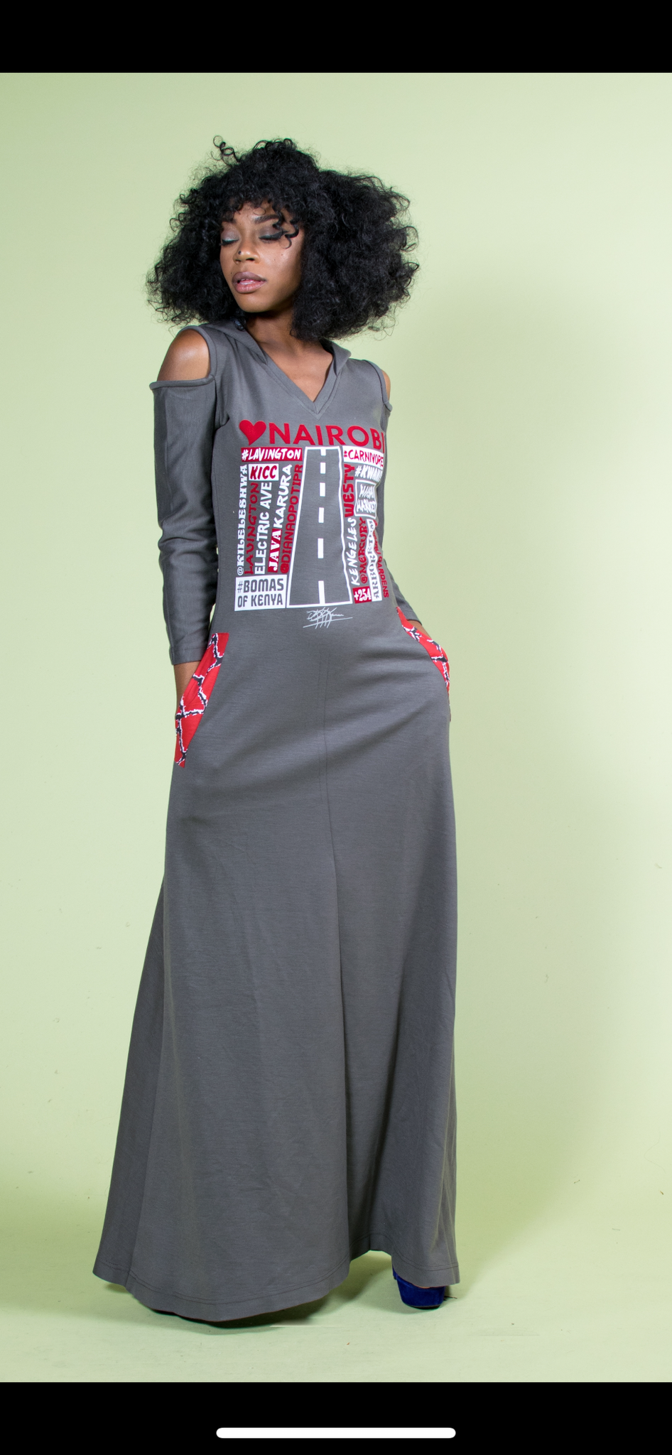 MAXI LOVE NAIROBI HOODED DRESS, ANKARA DETAIL