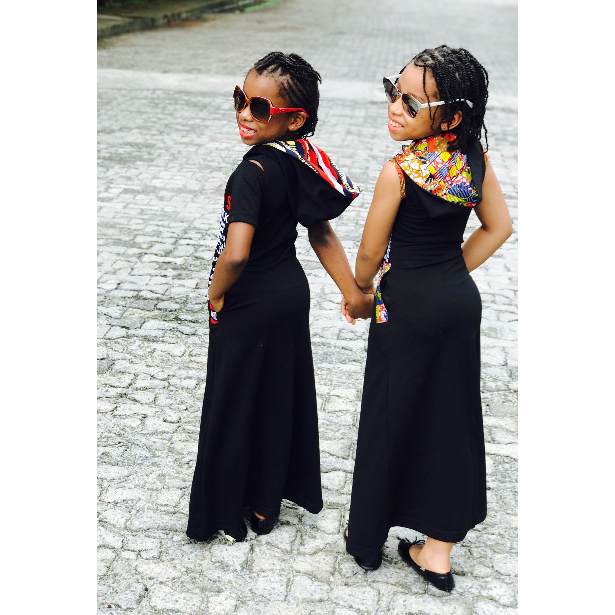 KIDS: LUV LAGOS ANKARA BLACK HOODED MAXI DRESS