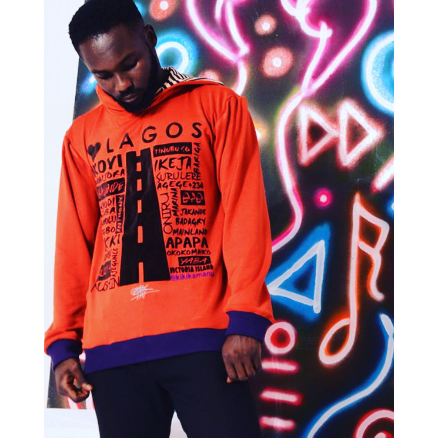 MENS ORANGE LOVE LAGOS HOODED SWEATSHIRT, ANKARA DETAIL