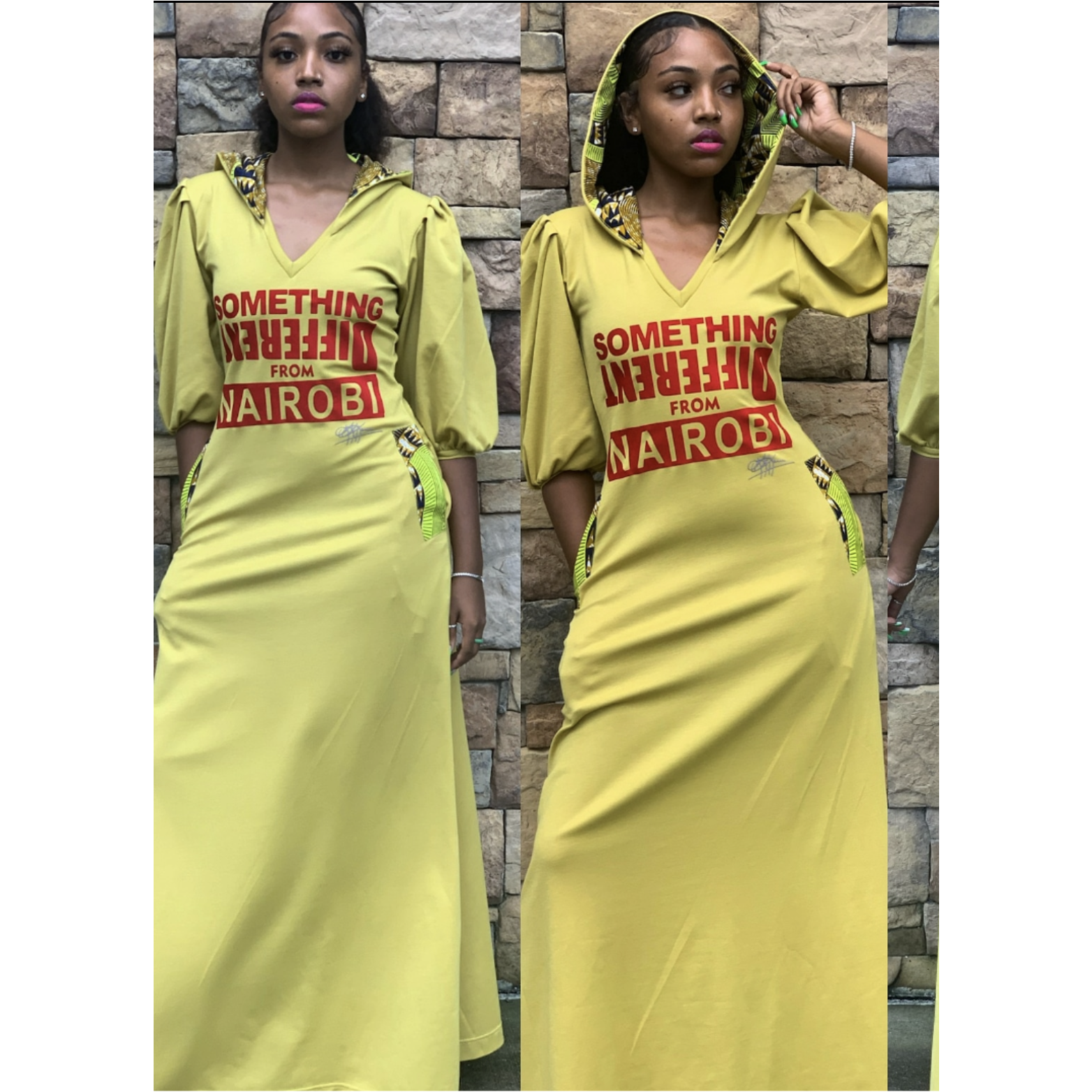 Customisable ‘Something DIFFERENT From NAIROBI’ Mustard Maxi, Puffed Sleeves, Ankara Detail