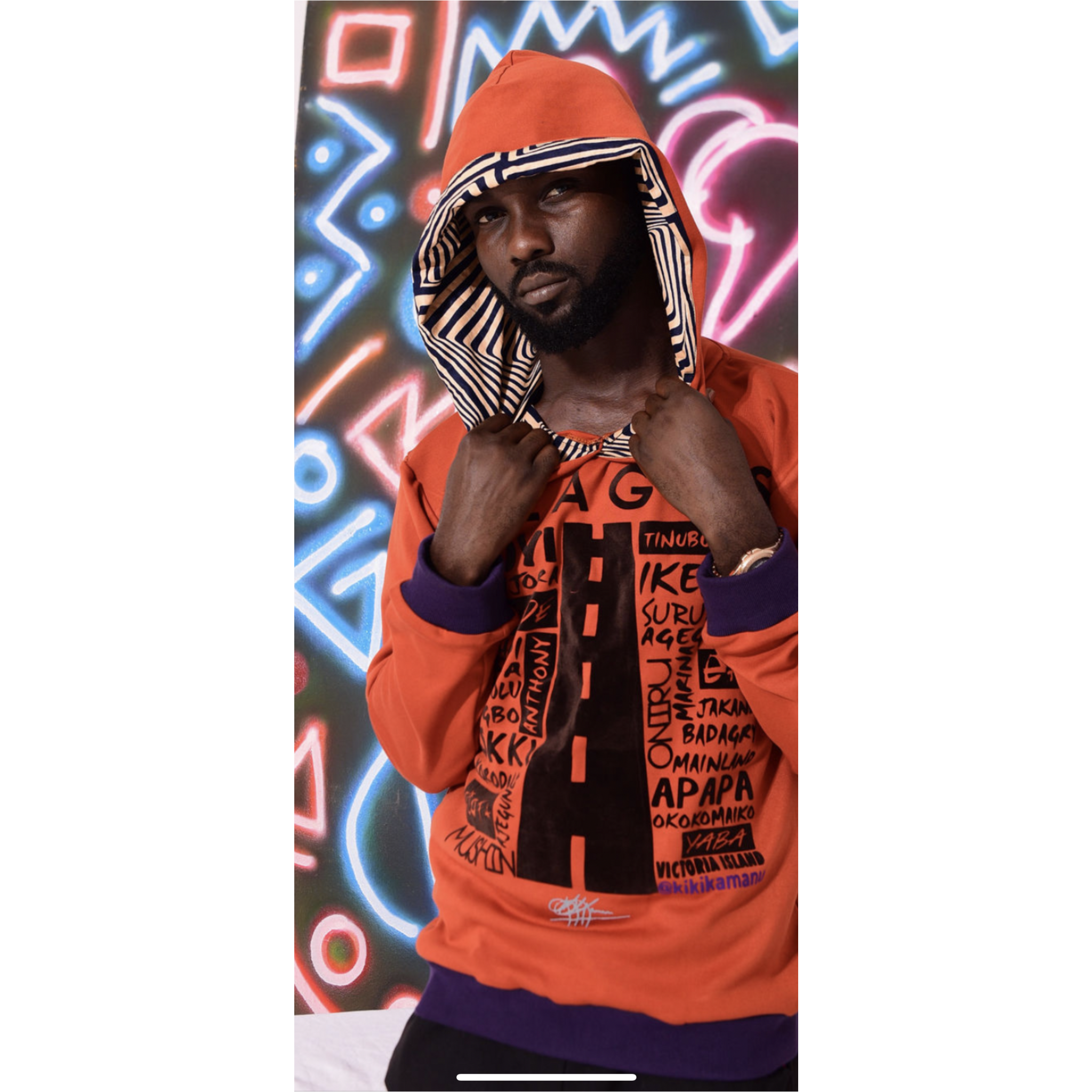 MENS ORANGE LOVE LAGOS HOODED SWEATSHIRT, ANKARA DETAIL