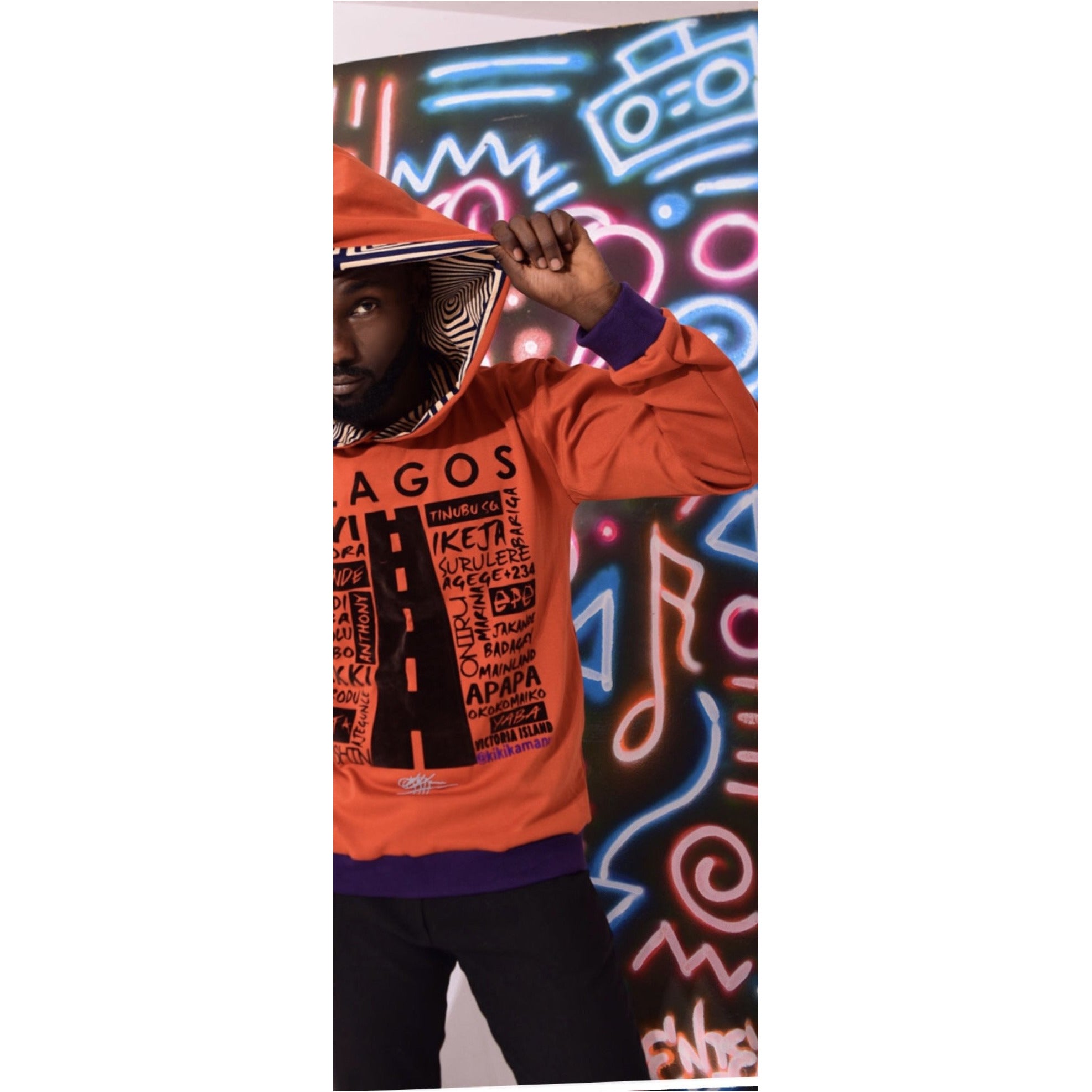 MENS ORANGE LOVE LAGOS HOODED SWEATSHIRT, ANKARA DETAIL