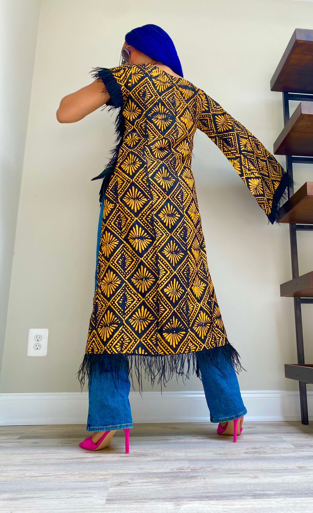One Sleeved Mustard Malaga Hand Beaded Adire Blouse  with Plumage-