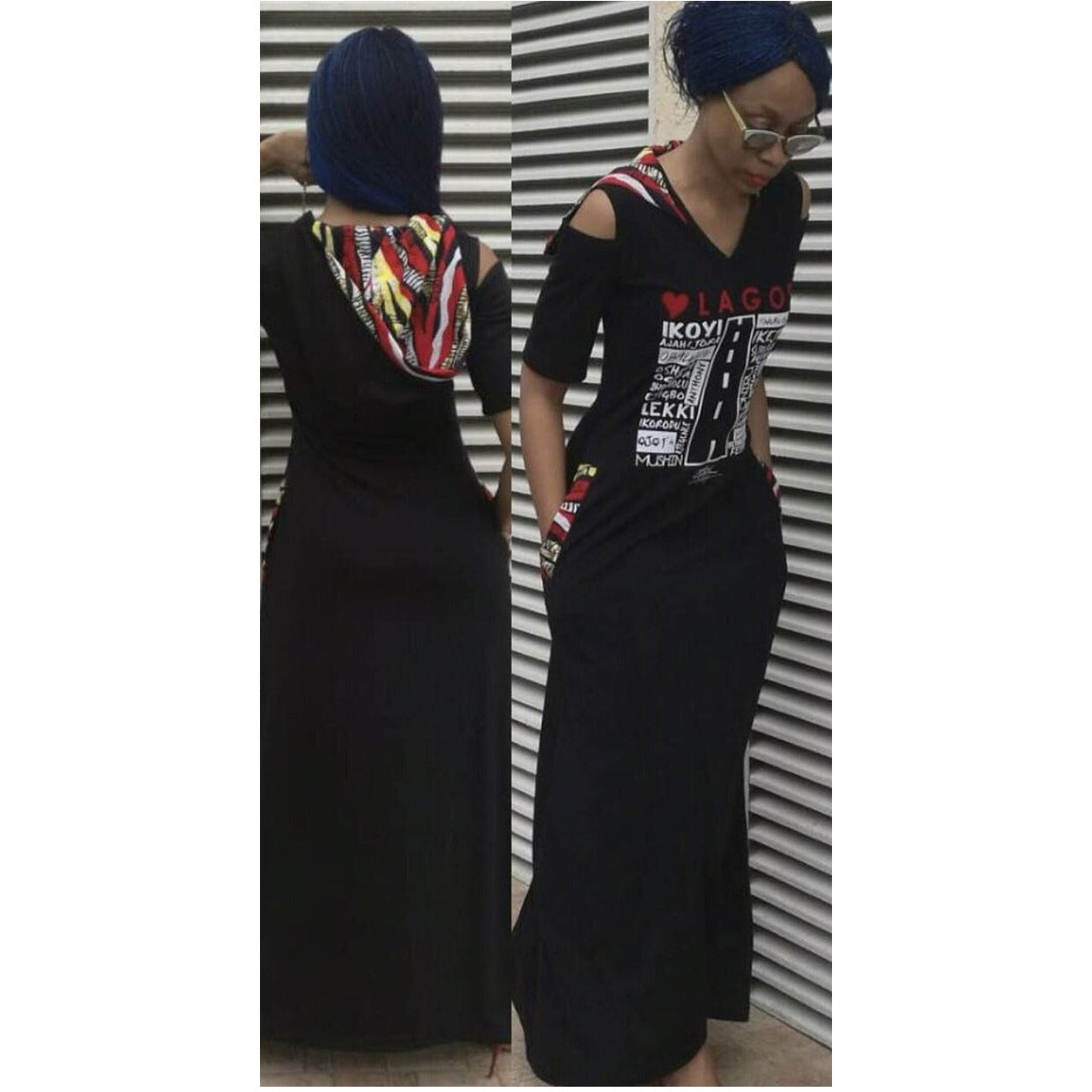 MAXI LOVE LAGOS HOODED DRESS, ANKARA DETAIL