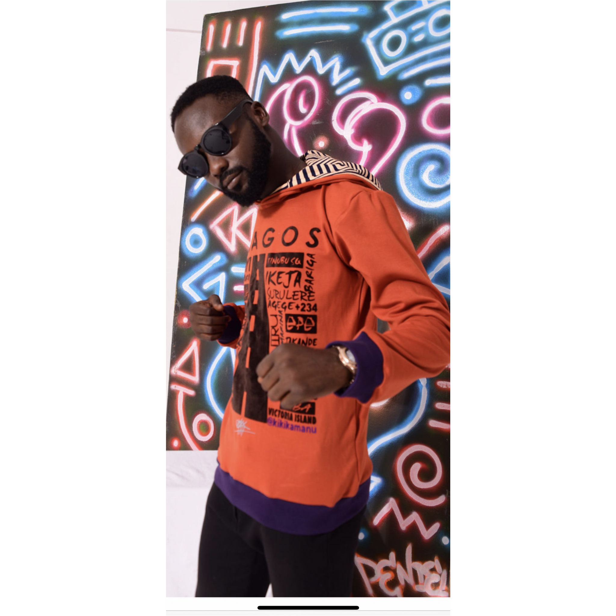 MENS ORANGE LOVE LAGOS HOODED SWEATSHIRT, ANKARA DETAIL